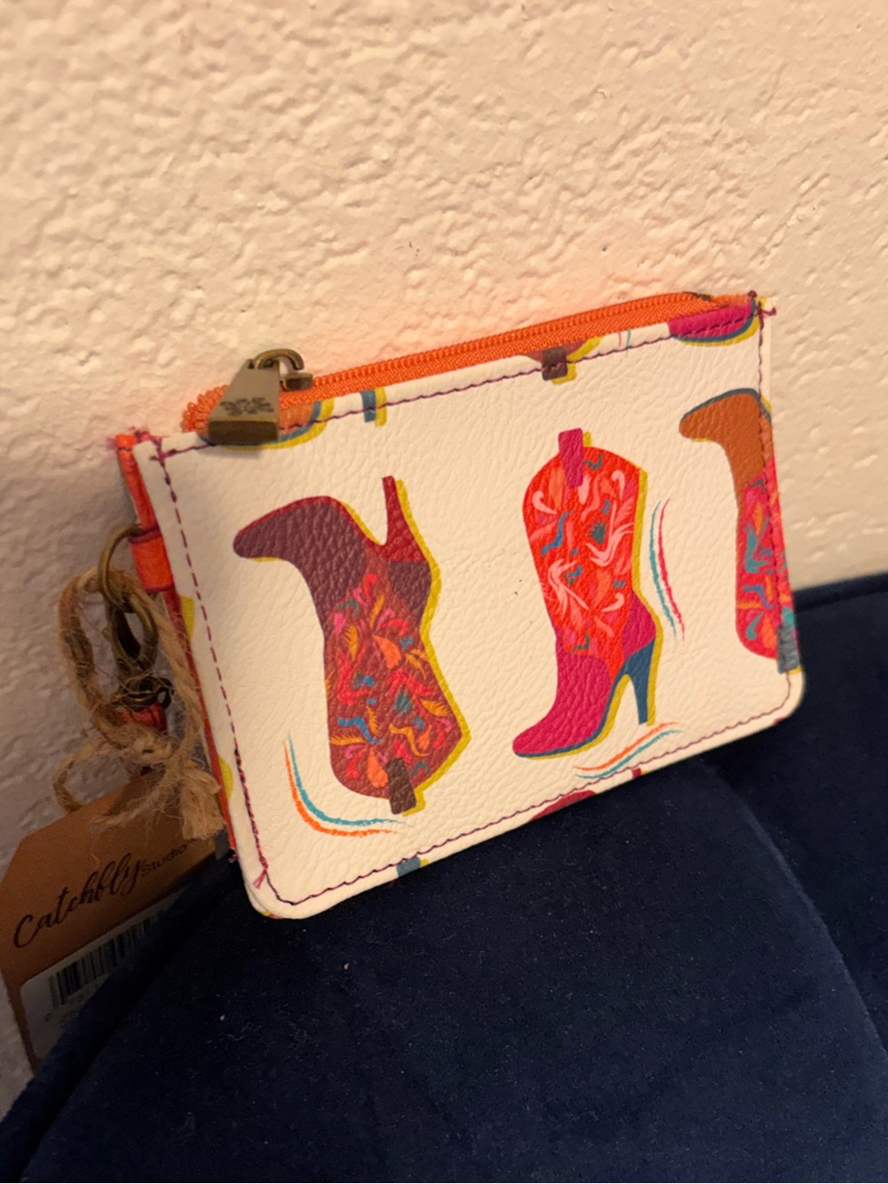 Catchfly White Multicolor Boot-Print Zip Card Holder Wallet